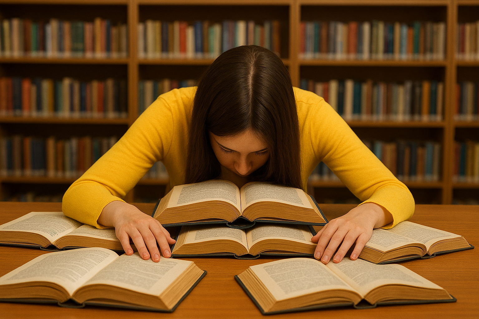 Student deeply engaged studying multiple classical texts in library